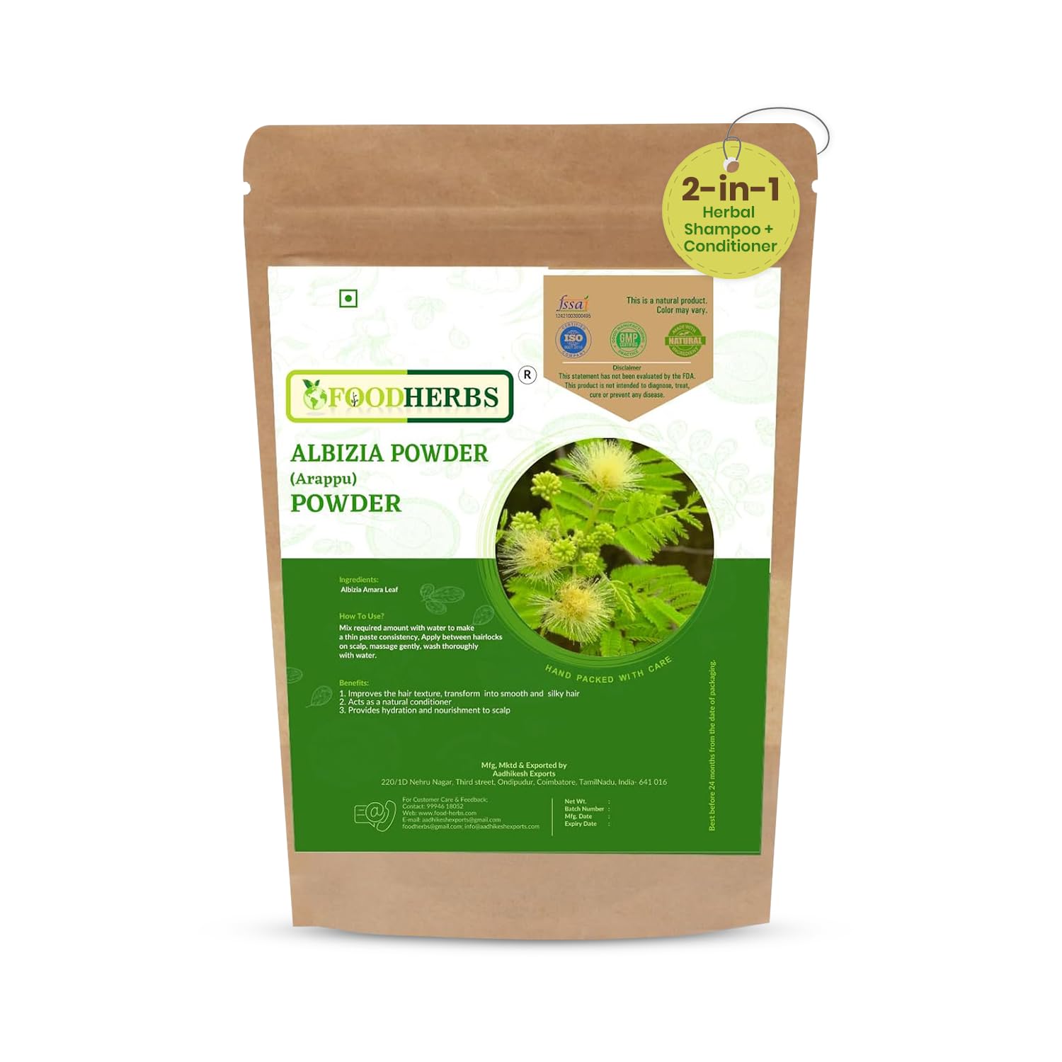 Foodherbs Herbal Arappu Powder Shampoo Alternative | Ayurvedic Hair Wash with Albizia Amara Leaf 200 GMS/0.44 Lbs | Natural Conditioner | Reduce Hair Fall | Hand Packed with Care | Thanks Giving