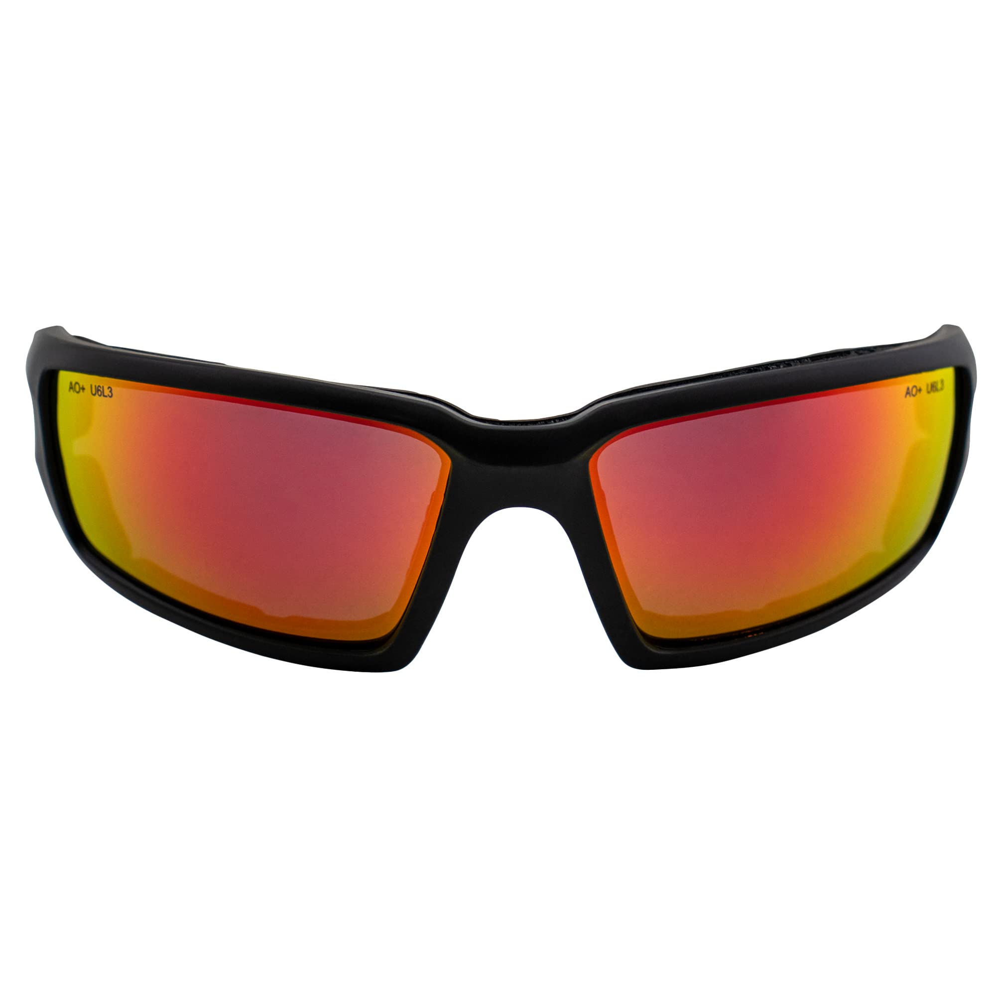 Alpha Omega 5 occhiali da sole da moto imbottiti in schiuma Z87.1 occhiali di sicurezza per uomo o donna montatura nera lenti a specchio rosse