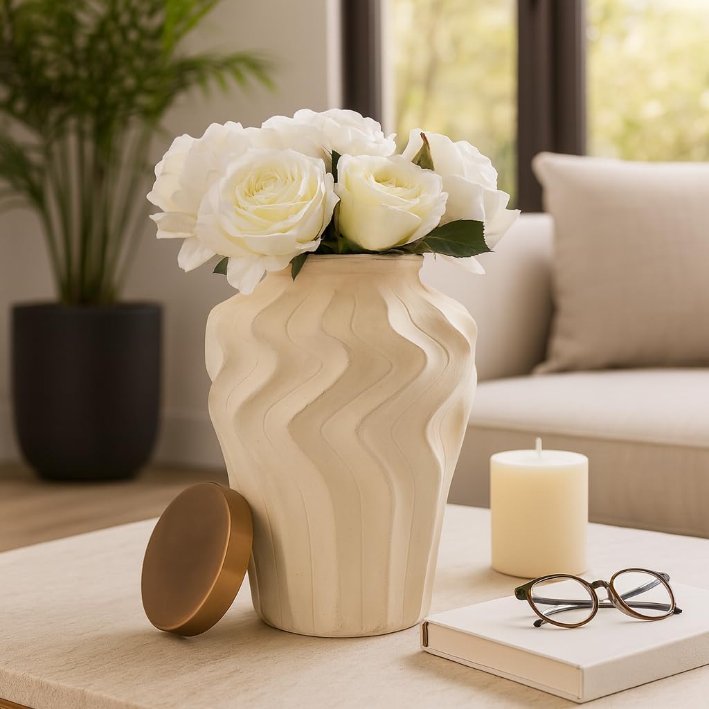 Artisan Ceramic Jar with Metal Lid - Stylish Jar with Wavy Design for Living Room, Bedroom Accents, or Office - Home Decor Statement Piece for House, Table, and Room Decor - 13", Cream & Bronze