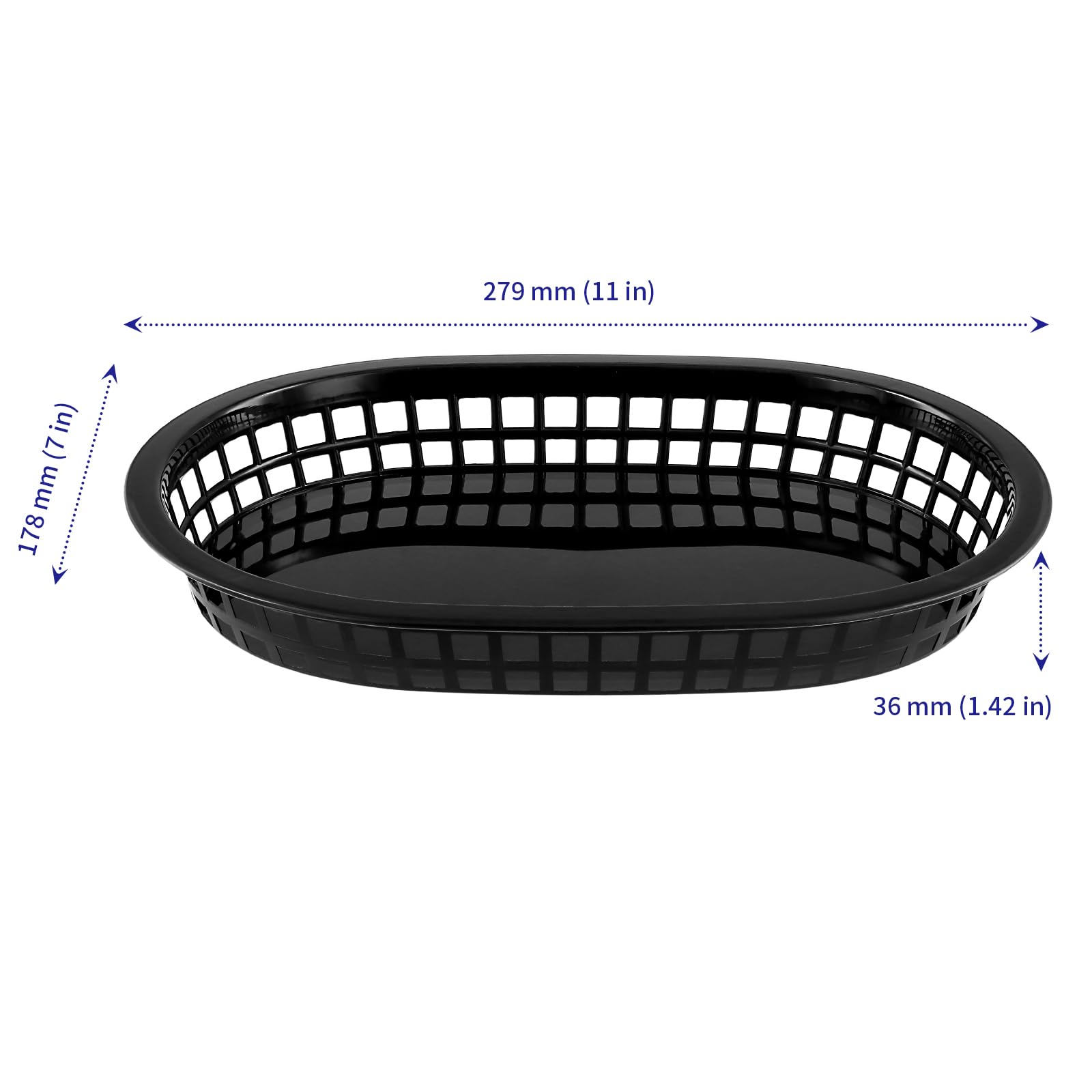SOUJAP 24 cestas de plástico negro para comida rápida, cestas ovaladas grandes para hamburguesas de alimentos para patatas fritas, perritos calientes, bocadillos, sándwiches, 27,4 x 17,5 cm