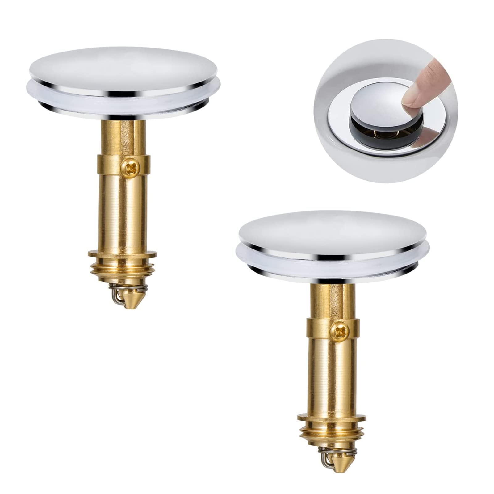 2 Pack Pop Up Push Button Drain Stopper 38mm Sink Plug, Push-in Type Bounce Core Drain Filter, Chrome Polished Shine Brass Wash Basin Stopper, Click Clack Sink Plug for Bathroom Kitchen