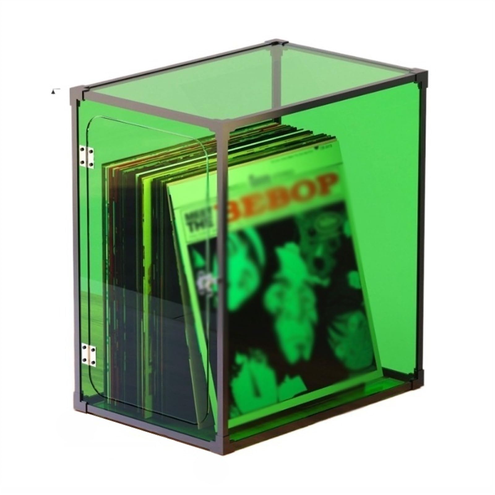 Ef2prc8kf Green Record Rack Vinyl Record Storage Crate, Lp Holder Case With Aluminum Alloy Frame, Organic Glass Cover Organizer Box, Easy To Install
