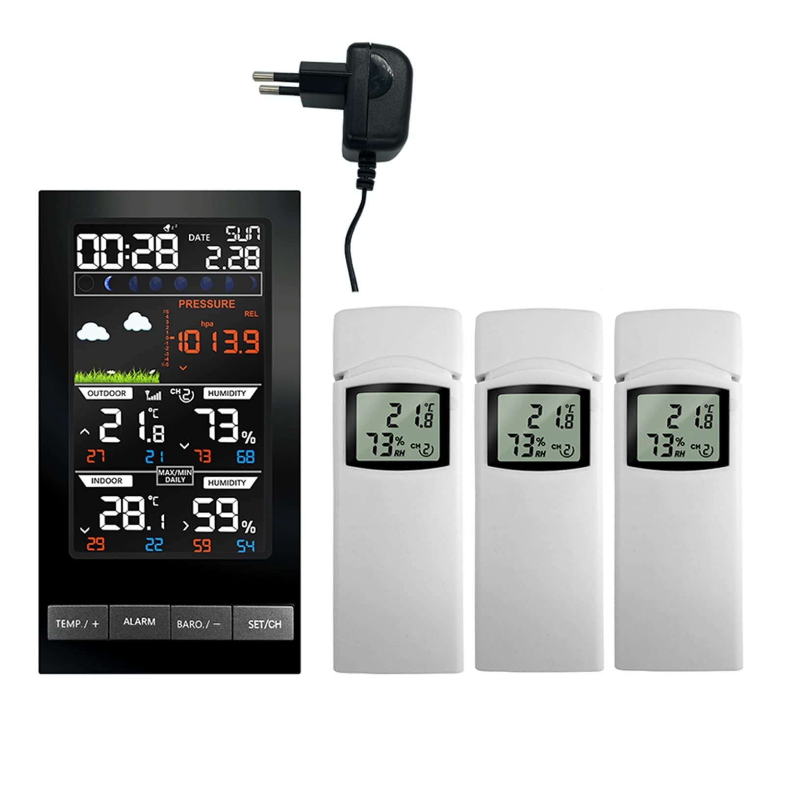 Stacja Pogodowa, 3 kanałowy stacja pogodowa cyfrowa termometr higrometr prognoza czujnika bezprzewodowa Temperatura Watch biurko ścienne(3Pcs outdoor sensors)