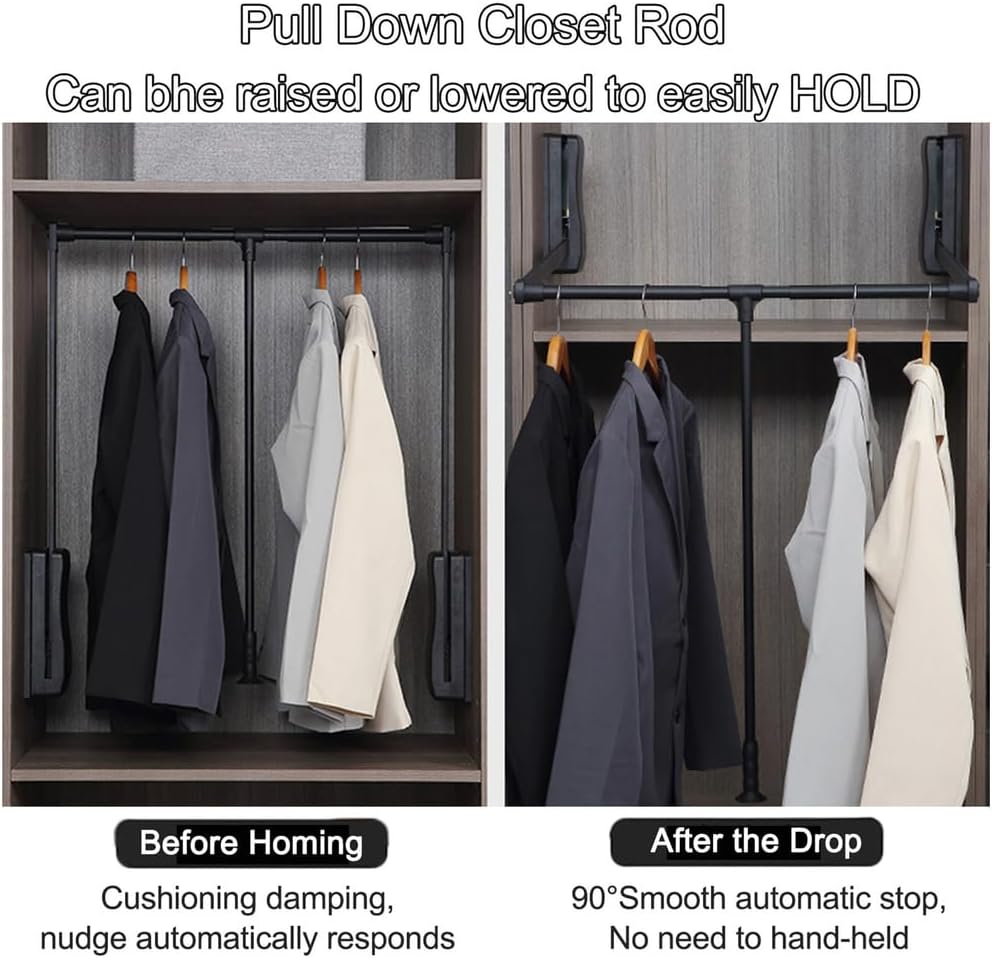LDIW Closet Pull Down 90° Closet Rod Wardrobe Rail Lift Rod Space-Saving Clothes Hanging Bar Adjustable Width Organizer Storage System,Black,930to1250mm