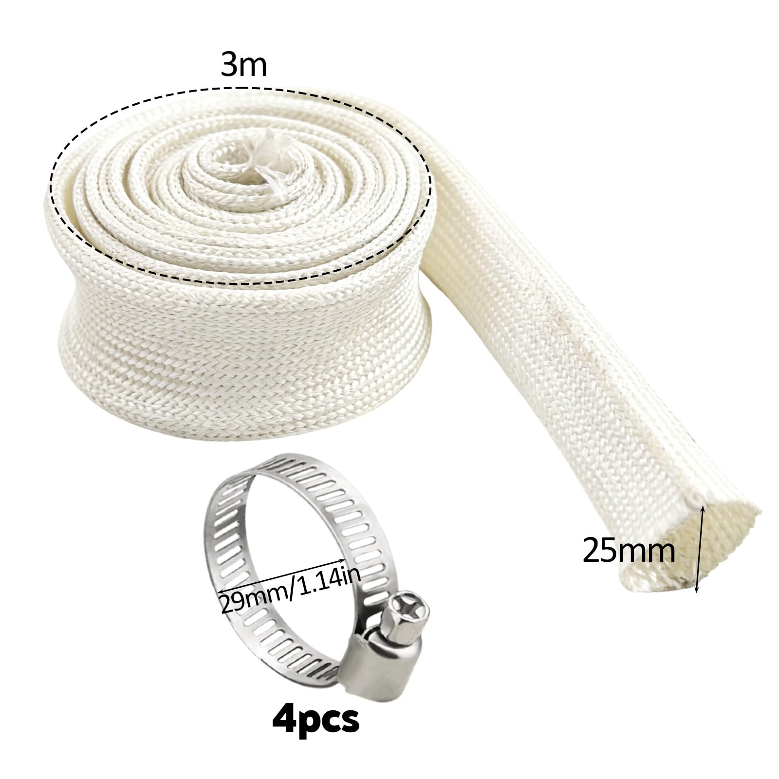 Wąż wydechowy 25 mm x 300 cm z 4 klipsami, wąż chroniący przed wysoką temperaturą, do generatora prądu, z włókna szklanego, rura wydechowa do awaryjnego agregatu prądu, ogrzewania