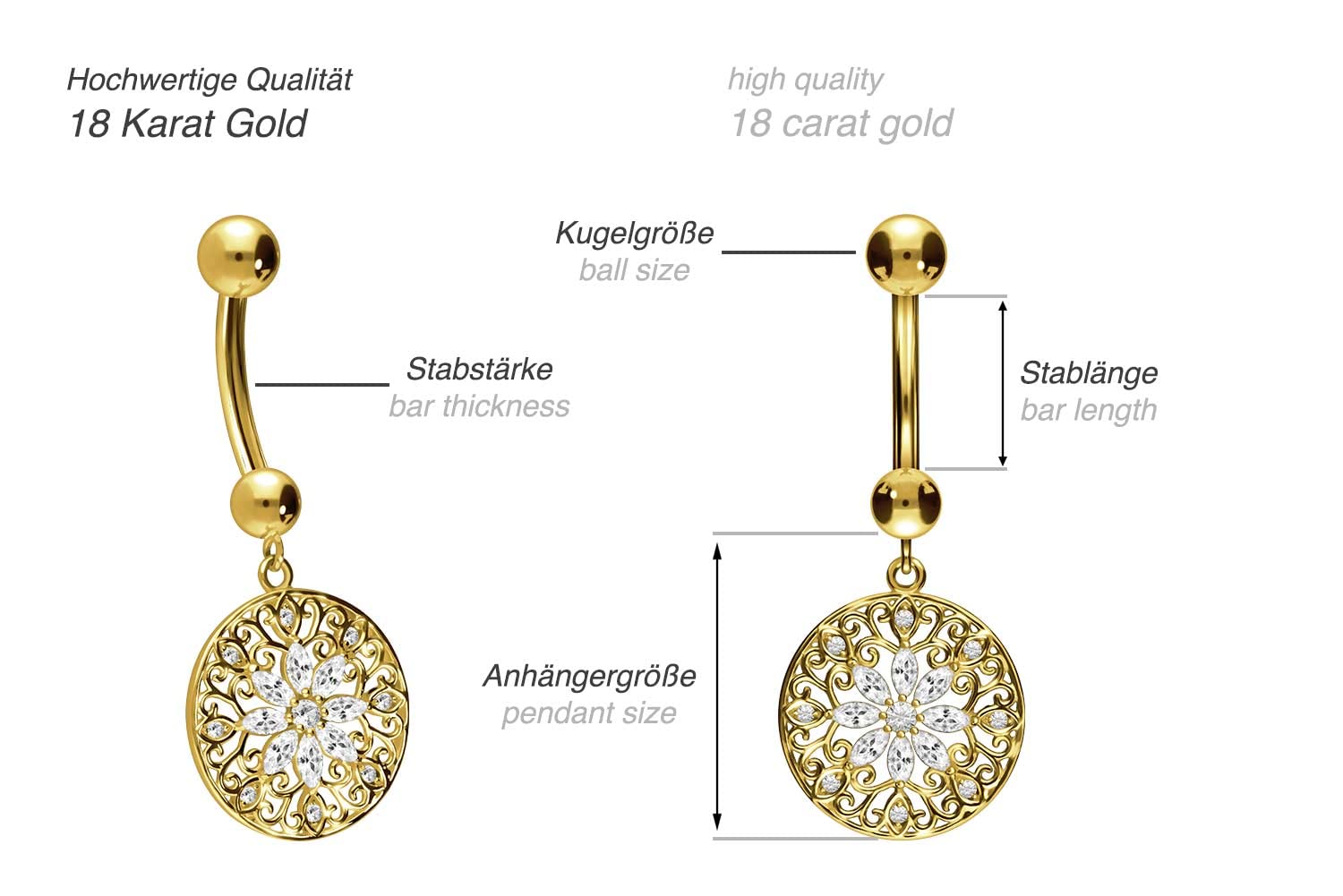 PIERCINGLINE 750er GOLD Bauchnabelpiercing 18 KARAT Mandala & Blume Piercing Bananabell Banane Gelbgold