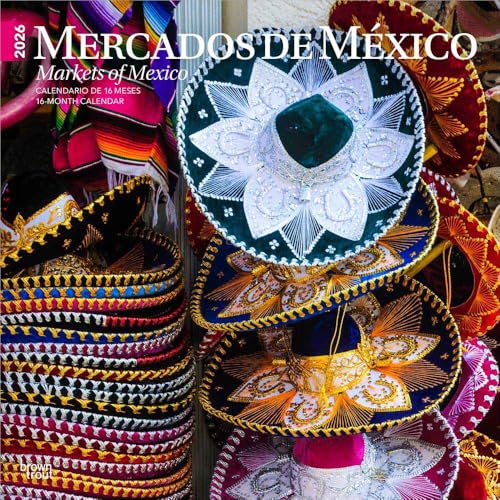 Mercados de Mexico | Markets of Mexico | 2026 12 x 24 Inch (Hanging) Monthly Square Wall Calendar | English/Spanish Bilingual | Plastic-Free | BrownTrout | Clothes Toys Food Shopping