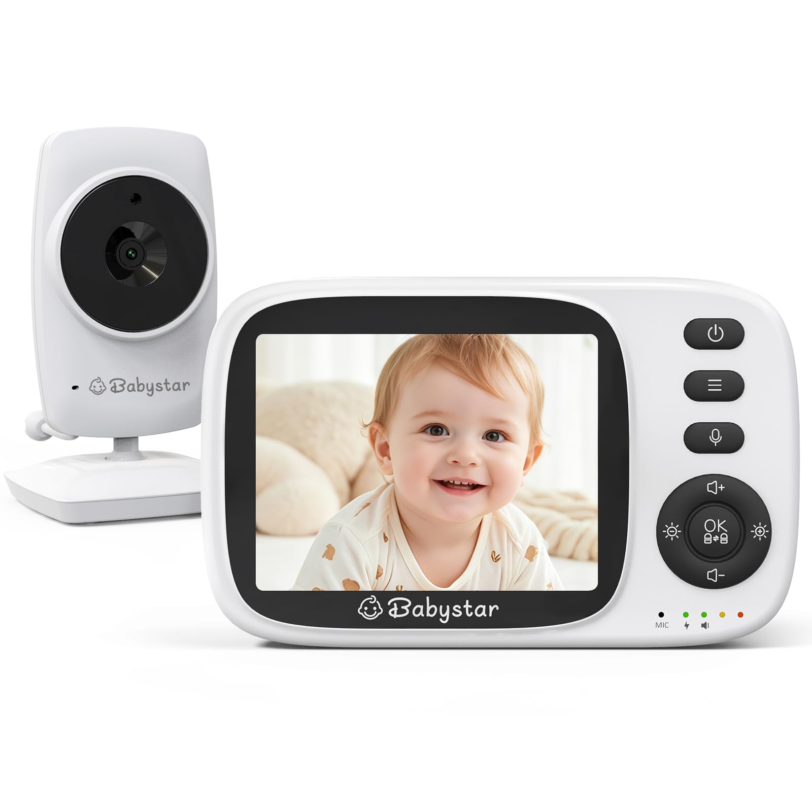 Babystar Video Baby Monitor, 3.2 Inch LCD Screen Baby Monitor with Camera and Night Vision, ECO Mode, 2-Way Audio, Temperature Sensor, Feeding Reminder, Lullabies, 2X Zoom