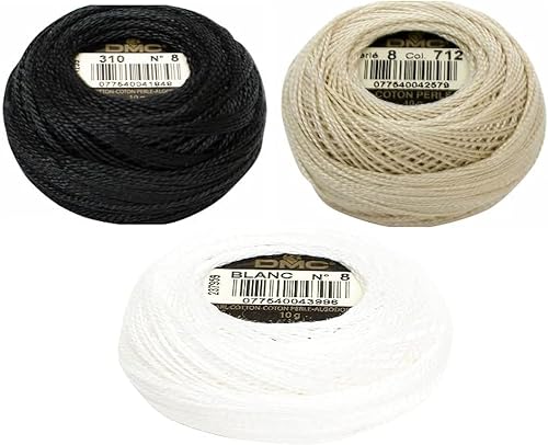 Supplies - Paquete de 3 bolas de hilo de algodón perlado DMC 116/8 (negro, blanco, crema) – negro (310) paquete con bolas de algodón DMC perla