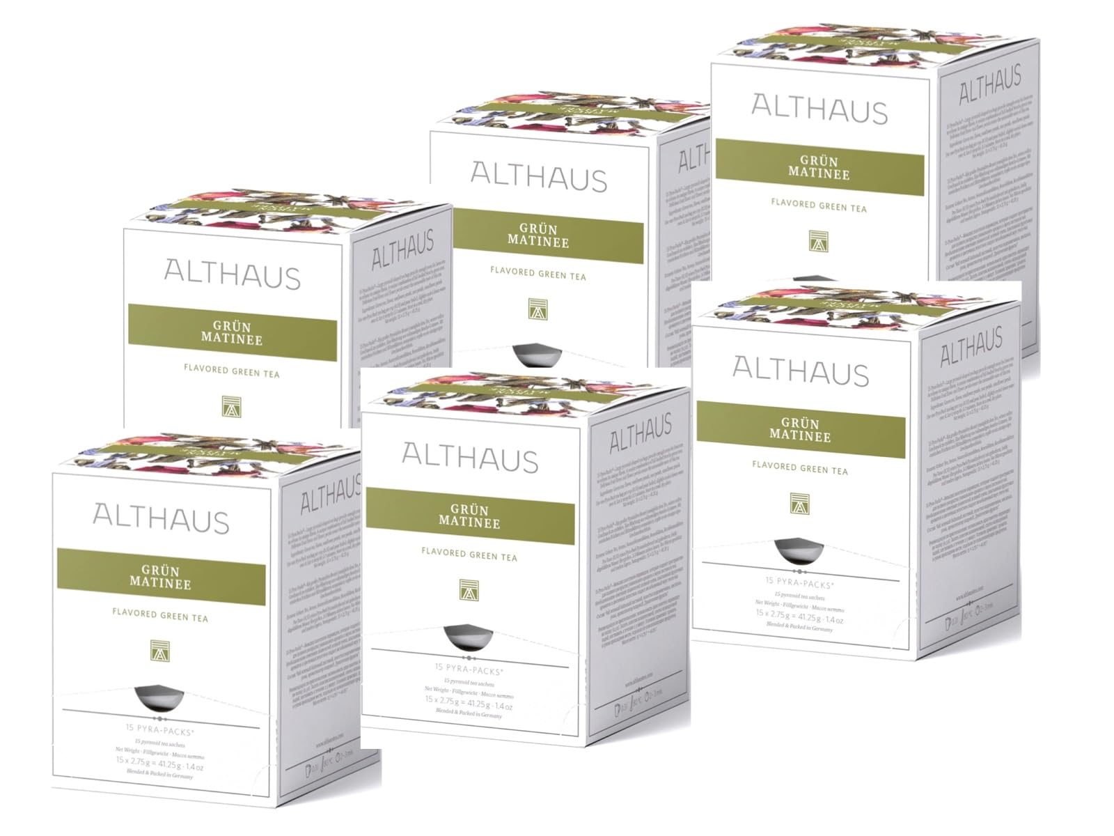 ALTHAUS Grüner Tee Grün Matinee, aromatisierter Sencha Tee mit Blüten, 15 Pyramiden-Teebeutel, einzeln verpackt, 41,25 g, Grüntee Beutel, 6 x 15 Beutel = 90 Portionen