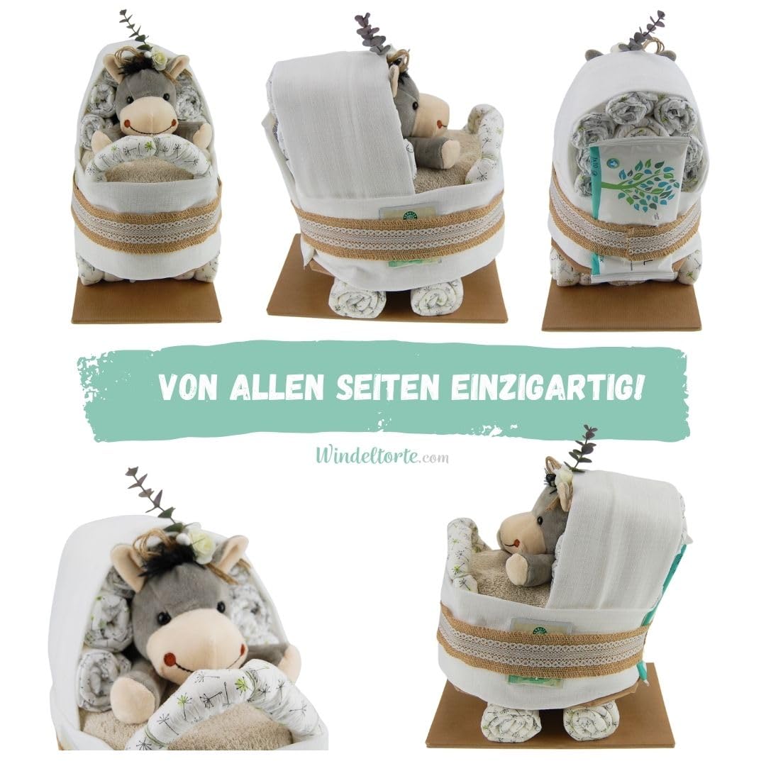 Kinderwagen mit Kuscheltier - Plüschtier - Geschenk zur Geburt - Babyparty - Baby - Babyshower - Pullerparty (Vintage/Jute/Boho)