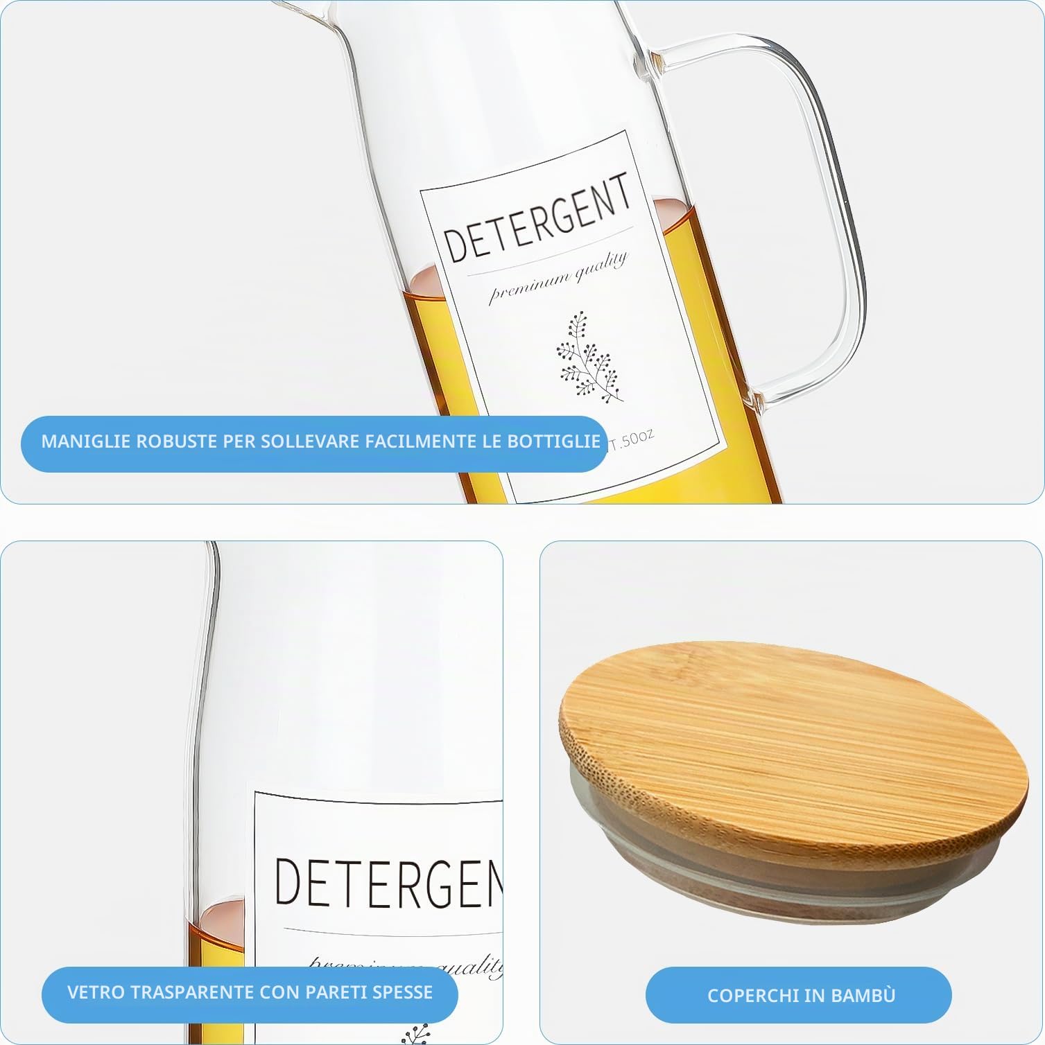 Set dispenser per detersivo per bucato con coperchi e manici in bambù, facili da versare, confezione da 2 contenitori per bucato da 1,417,5 g, per l'organizzazione e la conservazione della