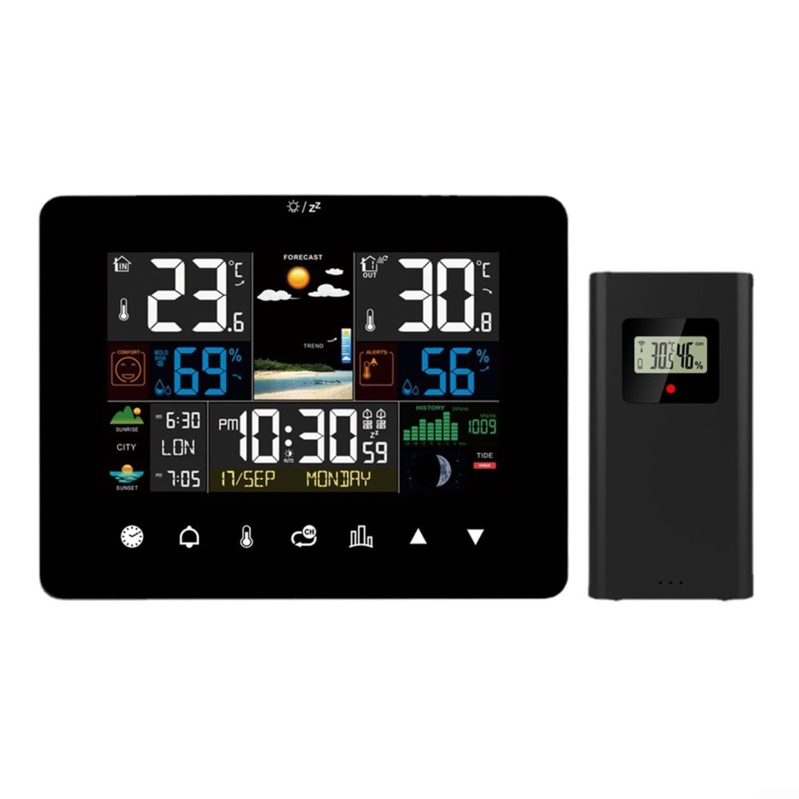 Stazione meteo con display touch screen, termometro e barometro per interni ed esterni, previsioni meteo, fase lunare, formato orario 12/24h, sensore esterno radio