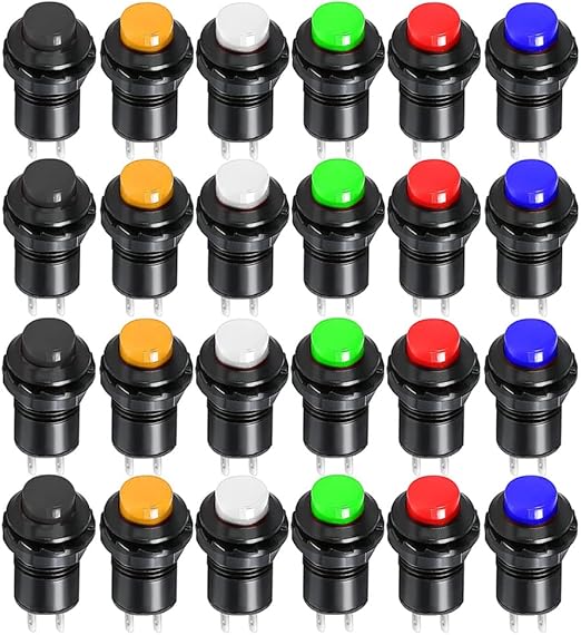 24pcs 12mm Momentary Push Button SPST ON/Off AC 250V/1.5A 125V/3A, Lockless Mini Round Button for Car Trumpet, PC, Table Lamp, Home Doorbell