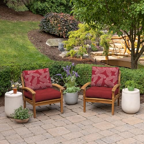 Image of ARDEN Outdoor Plush Modern Tufted Blowfill Deep Seat Set, 24 in x 24 in, Weather-Proof, Rain-Proof, Fade Resistant Patio Cushion, Ultra Cozy Red Leaf Palm