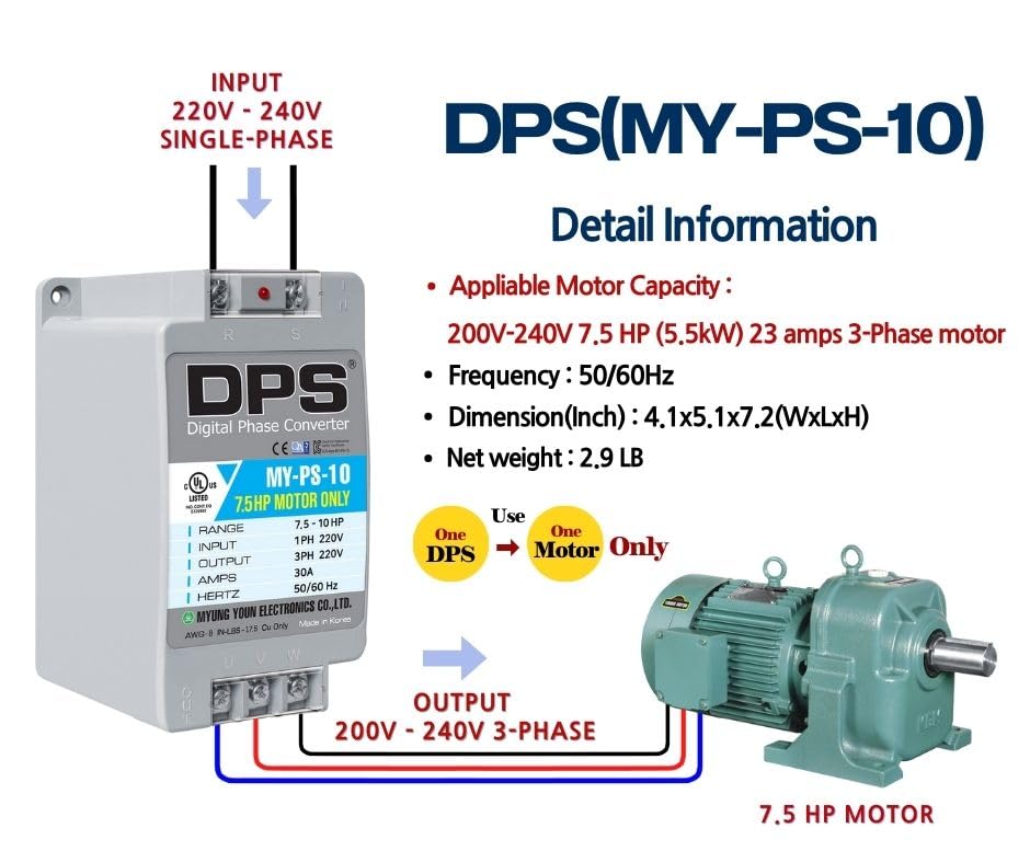 DPS 10HP MY-PS-10 Used for 7.5HP(5.5kW) 23A Motor, Single to 3 Phase Converter, 1 DPS Must Be Used for 1 Motor Only, Input/Output 200-240V, UL Listed3