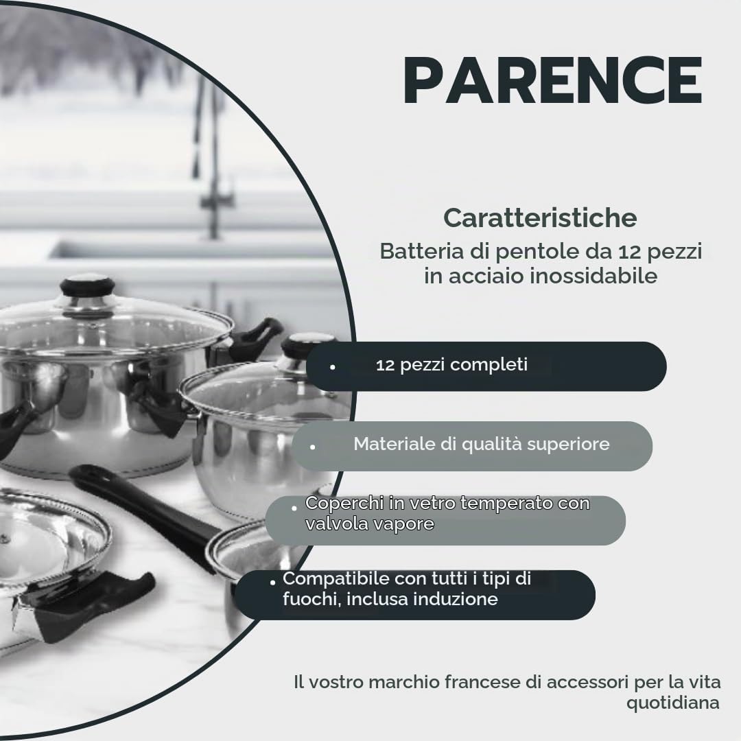 PARENCE.- Set di pentole in acciaio inox da 12 pezzi | Pentole, padelle, coperchi in vetro | Tutti i bruciatori, compresa l'induzione - Set completo di padella e padella - Materiali di alta qualità