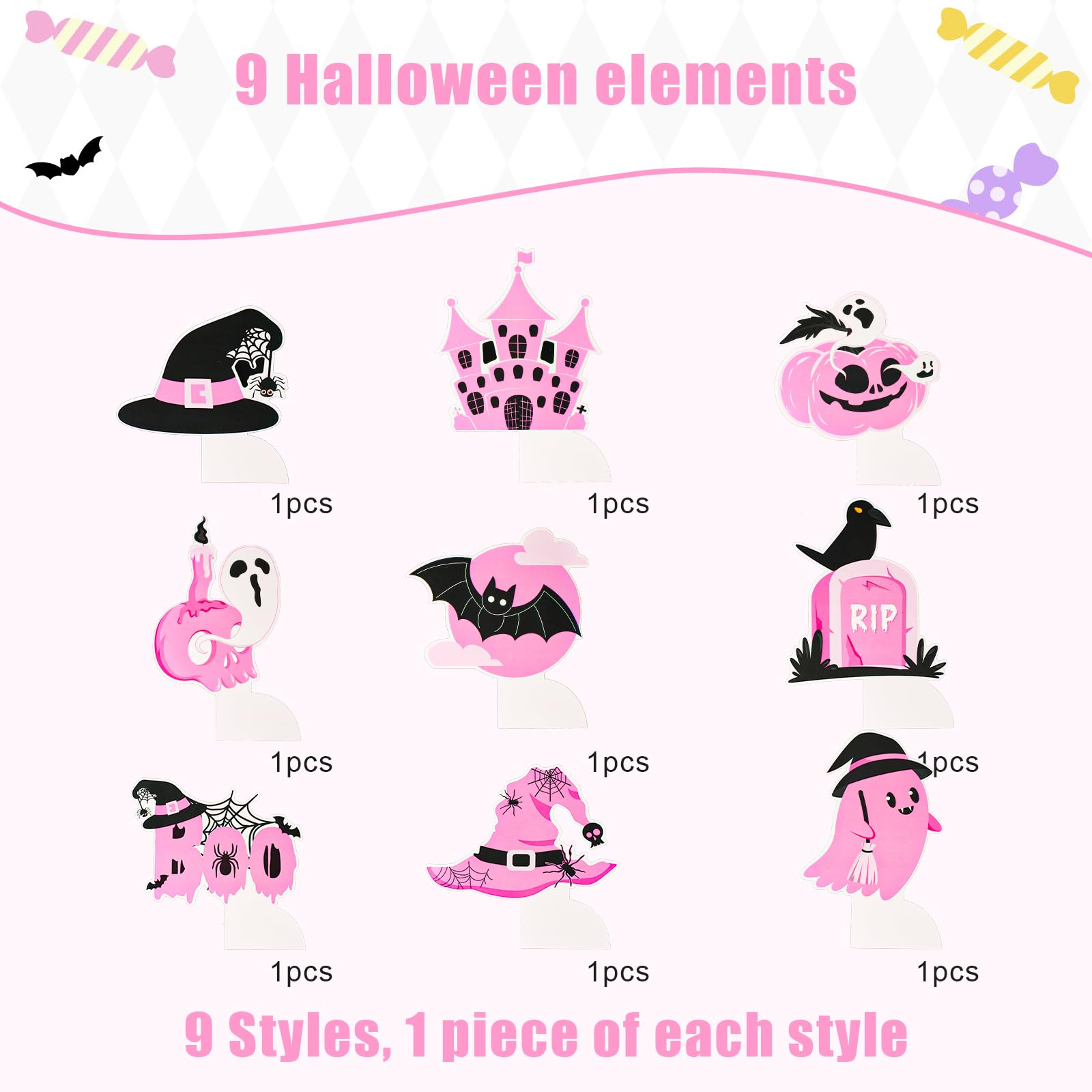 PEUTIER 9pz Centrotavola a Nido d'Ape di Halloween, Rosa Nero Centrotavola Halloween Zucca Fantasma Pipistrello Decorazioni per Baby Shower di Halloween per Ragazze Compleanno Tovaglie da Tavolo