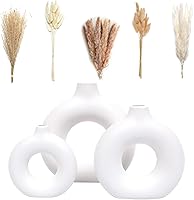 VELOVA 3 White Ceramic Vases with 65pcs Dried Pampas Grass - Boho Modern Round Vases for Living Room, Bedroom, Office Desk, Shelf Decor & Gifts