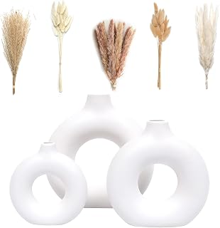VELOVA 3 White Ceramic Vases with 65pcs Dried Pampas Grass - Boho Modern Round Vases for Living Room, Bedroom, Office Desk, Shelf Decor & Gifts