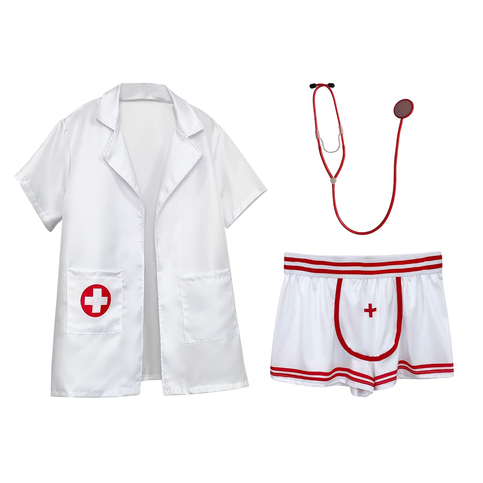 TINAYAUE Cosplay Infirmier Homme Sexy Blouse de Médecin Uniforme avec Veste, Short, Stéthoscope Costume de carnaval Jeu de Rôle pour Halloween
