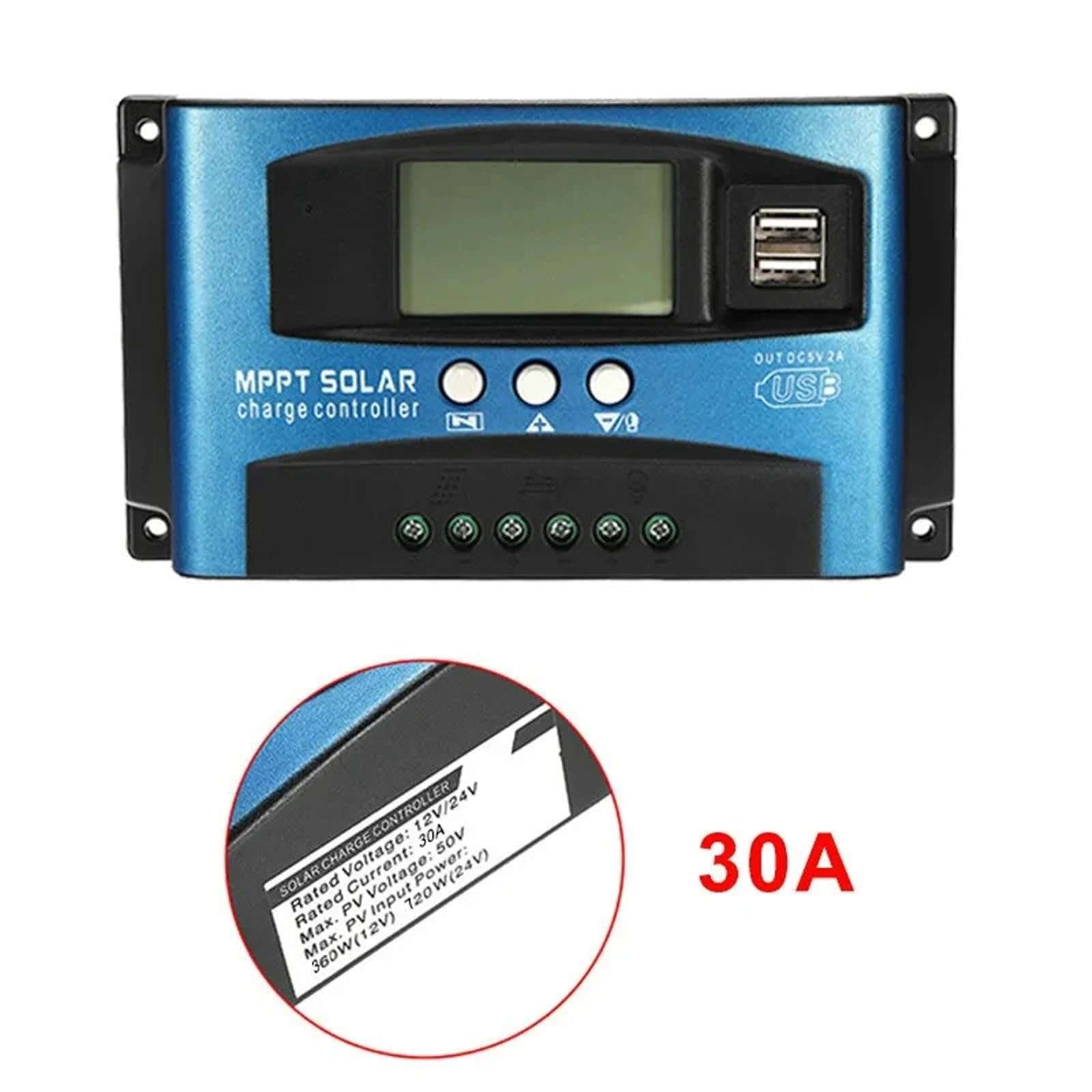 1 szt. Regulator ładowania panelu słonecznego 12 V 24 V PWM MPPT 10A 20A 30A regulator ładowania akumulatora do pojazdów samochodowych Wyjście USB 5 V Max PV 50 V(MPPT-30A)