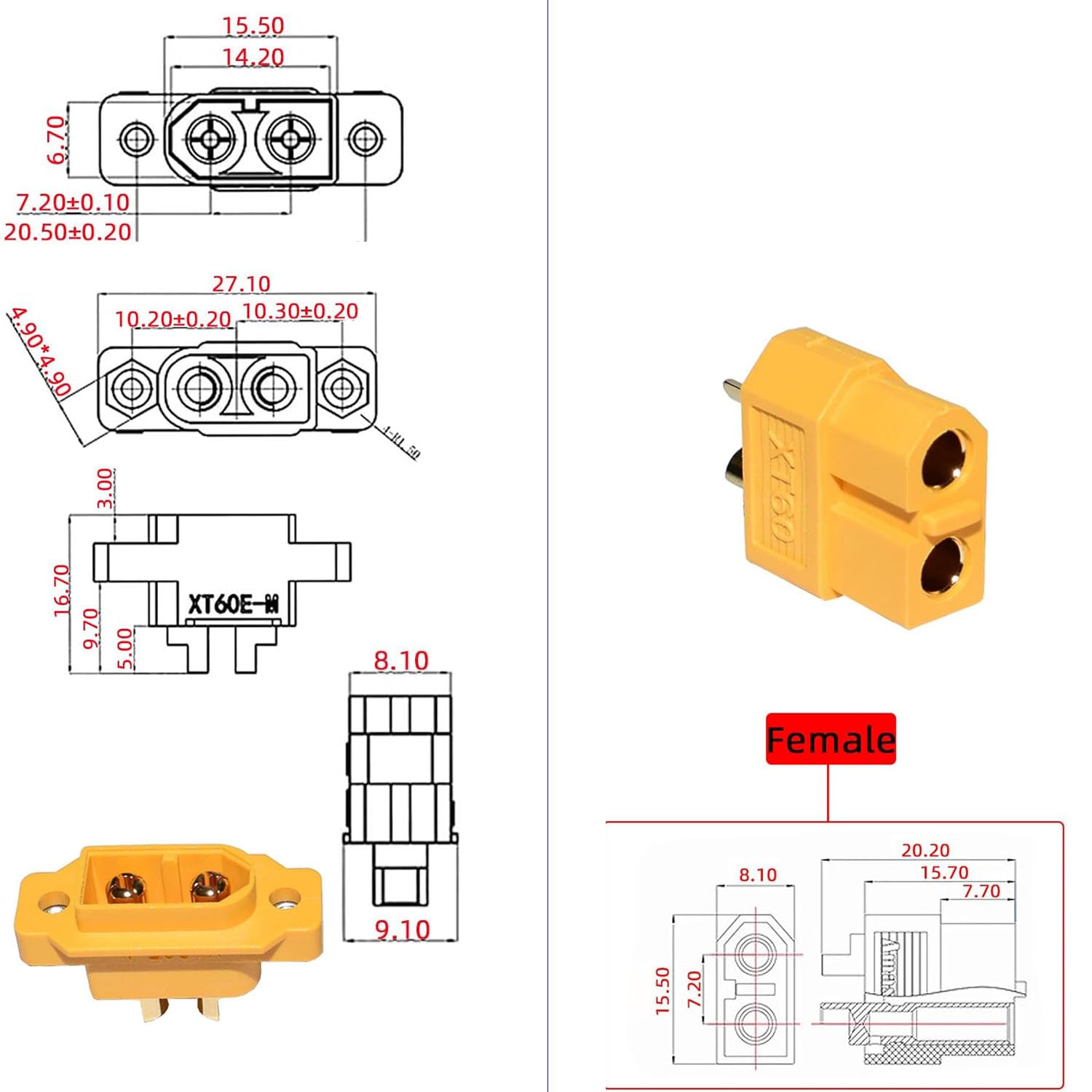 RUNCCI-YUN 5 paar XT60E-M XT-60 stekkers mannelijk XT60E-M inbouwstekker lipo batterijaansluitingen 2-pins connector kabelstekker voor modellen DIY