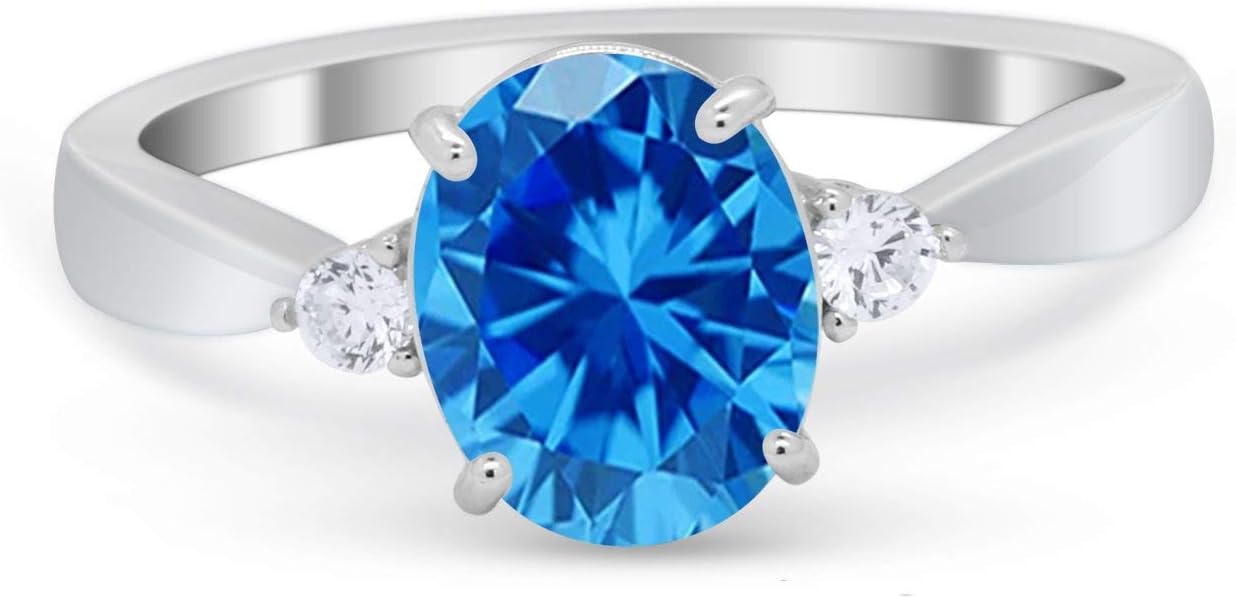 Blue Apple Co. Three Stone Ring Oval Cubic Zirconia Solitaire Classic Style Wedding Engagement Rings For Women 925 Sterling Silver Gifts For Her