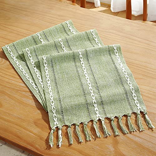 Chassic Rustic Farmhouse Style Linen Table Runner, Boho Handmade Tassel Embroidered Table Runners 72 Inches Long For Holiday Party, Christmas And Dining Decorations, 13 X 72 Inch - Sage Green #TOP5
