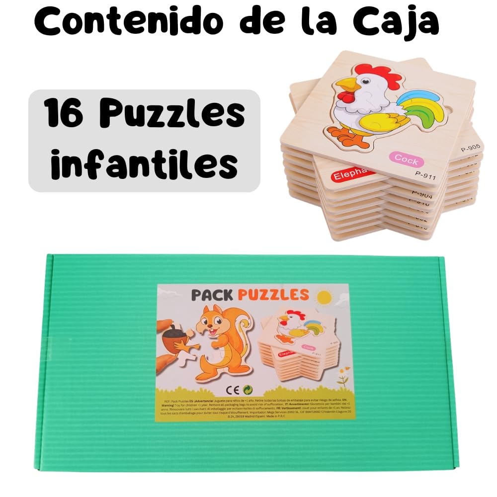 16 PCS Puzzle Madera Niños y Niñas 1, 2 años y 3, Detalles para Cumpleaños Infantiles y Guardería, Juguetes Montessori Educativos, Regalos Originales, Puzzles de Madera con Animales (16 Puzzles)