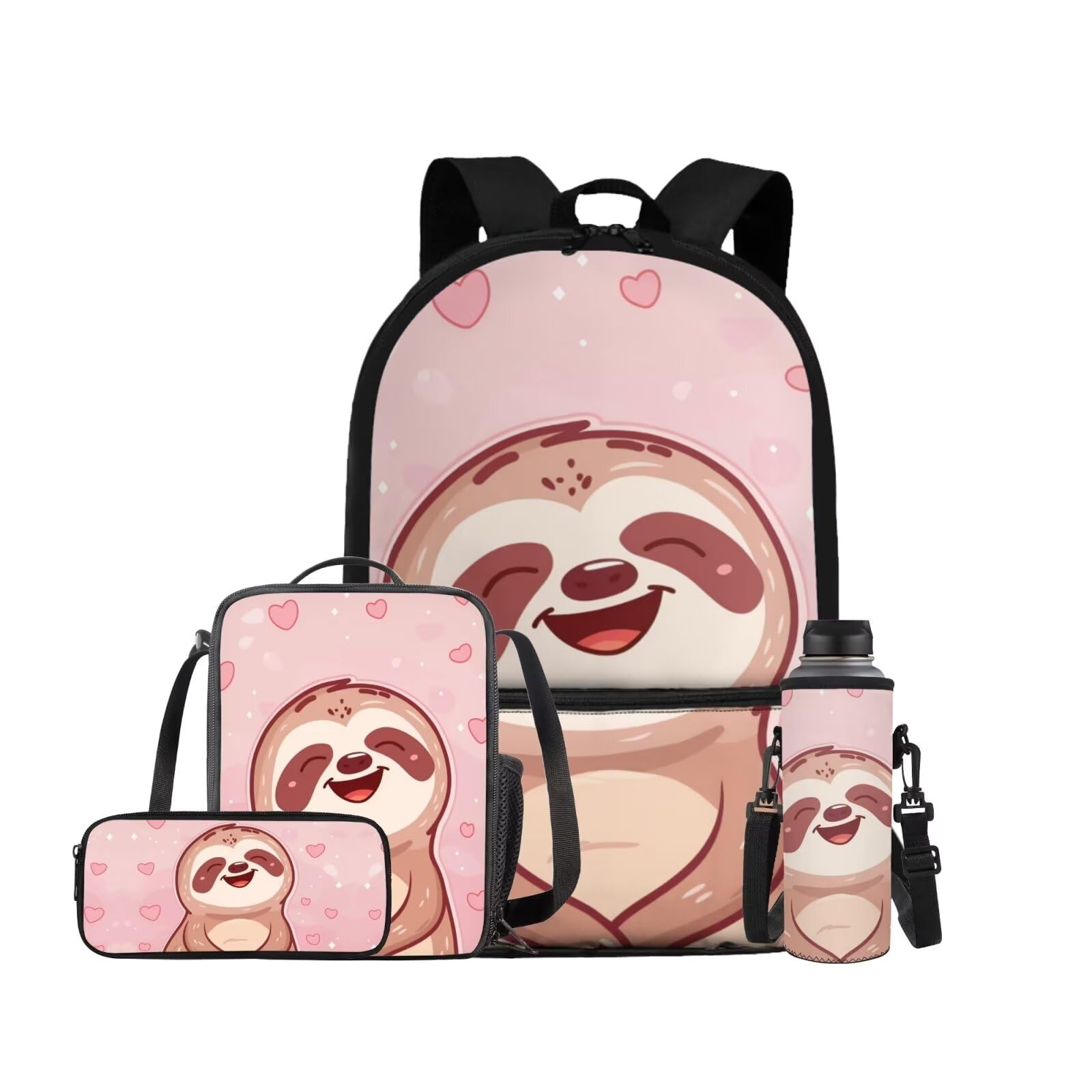 Oamsistay Cartoon Sloth School Backpack Set 4Pcs with Lunch Bag Pen Bag and Water Bottle Case Cover Set Kids Backpack for Girls 4-6 Toddler Bookbag