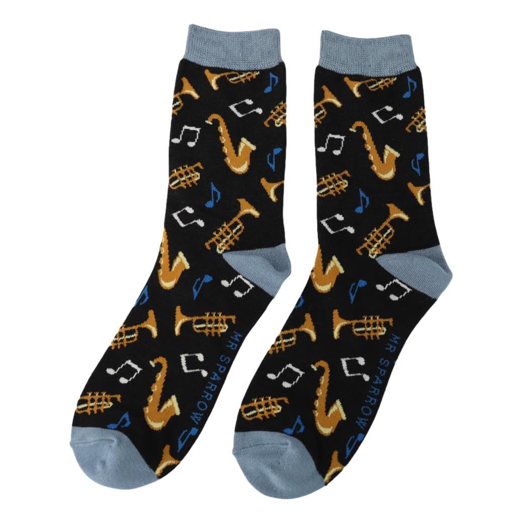 Mr Sparrow Jazz Instruments and Music Notes on Black Mens Novelty Ankle Socks Adult One Size
