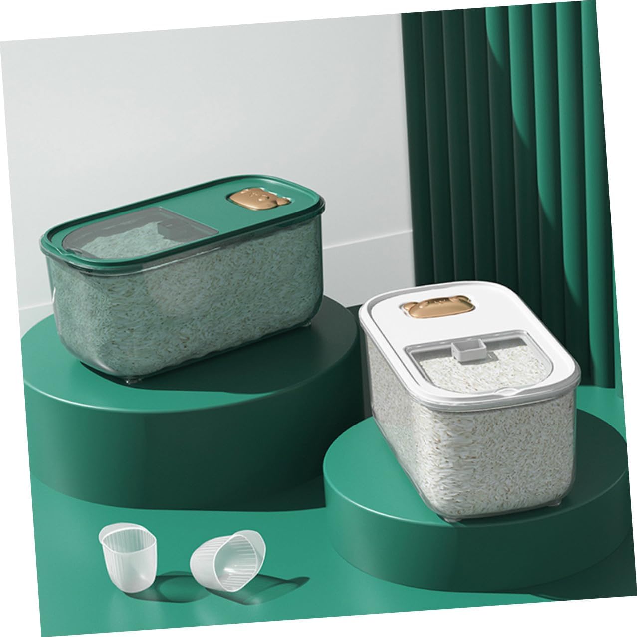 FUOYLOO Airtight Rice Storage Container 10lb Green Thickened Plastic Grain and Flour Sealed Bucket Moisture Proof Kitchen Pantry Organizer