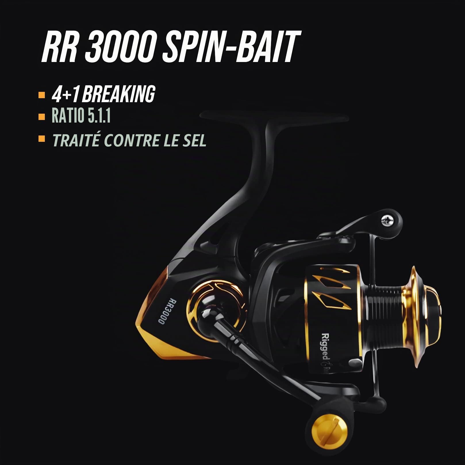 Moulinet de pêche RR 3000. Moulinet résistant et Durable protégé par Le sel pour pêche à la Carpe Spin Bait & LRF. Rapport 5.1.1. Roulement 4+1. Bobine de Rechange et Sac Moulinet Souple
