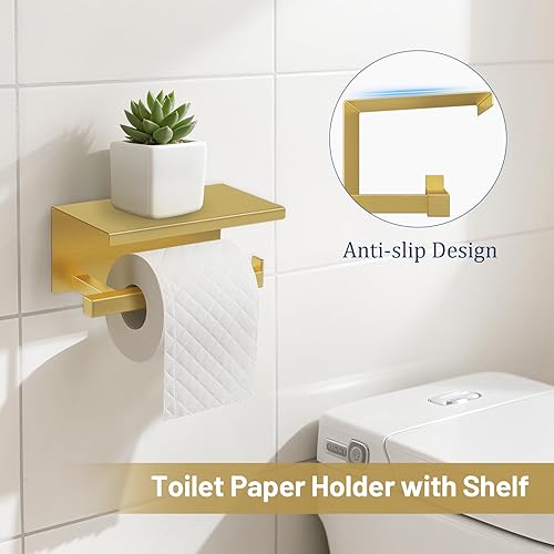 Miniatura 3 de TURS Juego de 5 accesorios de baño de oro cepillado de 23.6 pulgadas, juego de toallero cuadrado montado en la pared, soporte de papel higiénico