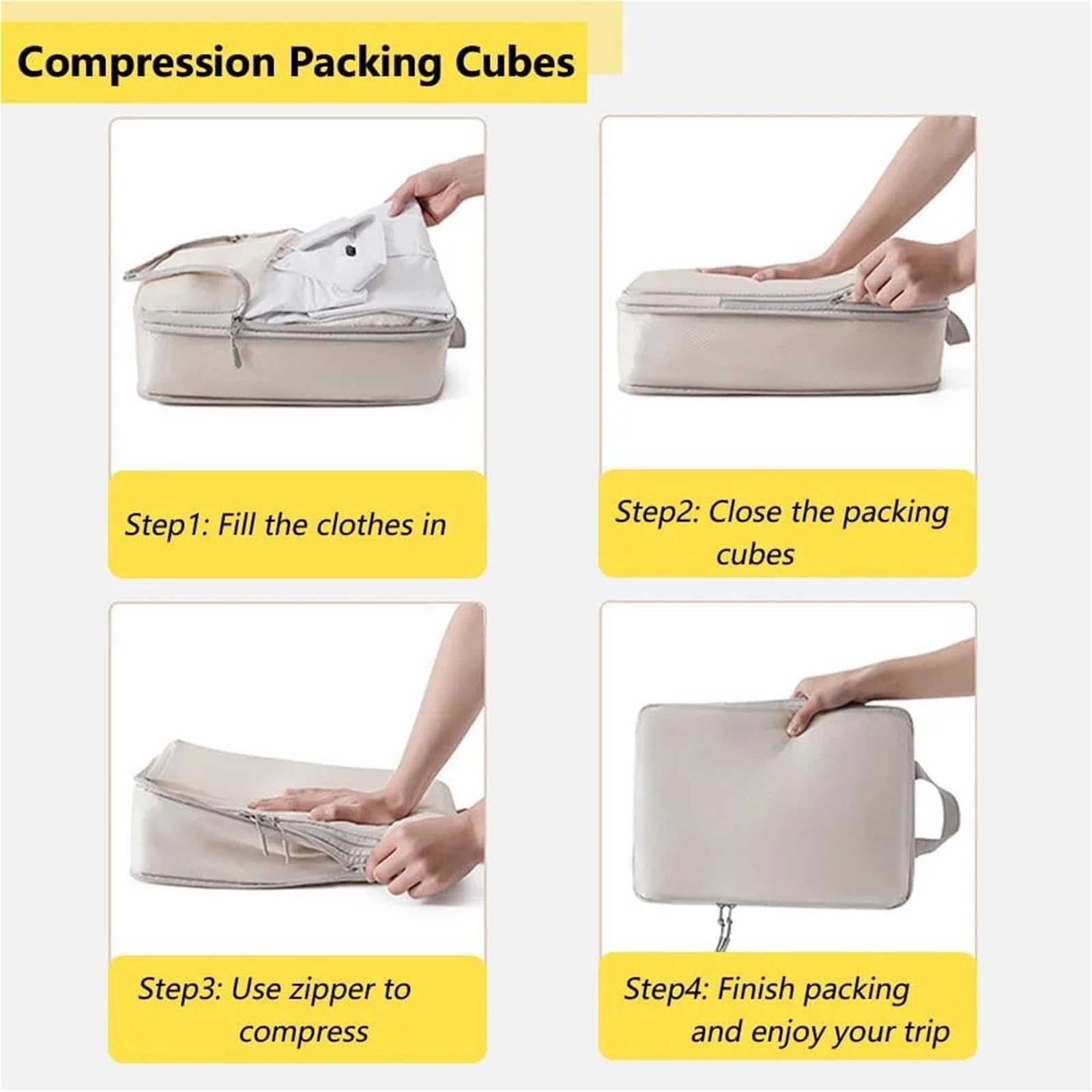 4pcs Packing Cubes For Travel Compression Cube Set Organizer para Ropa, Ropa Interior(Light Grey)