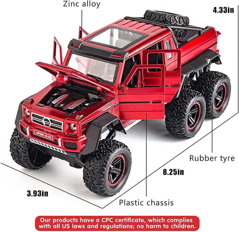 Image of Kids Model 1:24 AMG 6X6 Die Cast Metal Car Pull Back Action Opening Doors with Realistic Engine Sound Lights Toy Car Gift for Boys - Red