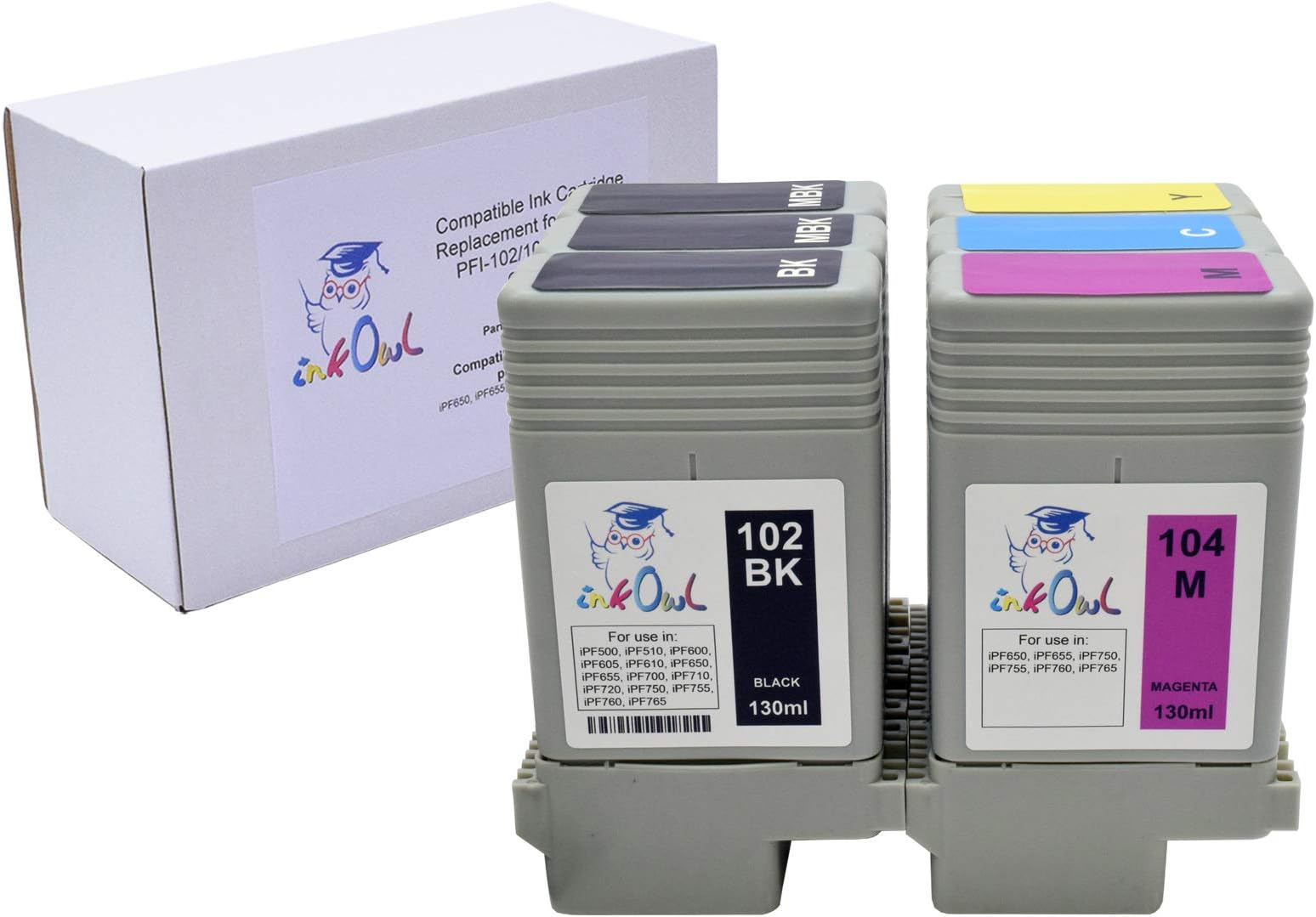 InkOwlCompatible Ink Cartridge Replacement for Canon PFI-102/104 (130ml, 6-Pack) - iPF650, iPF655, iPF750, iPF755, iPF760, iPF765 Printers