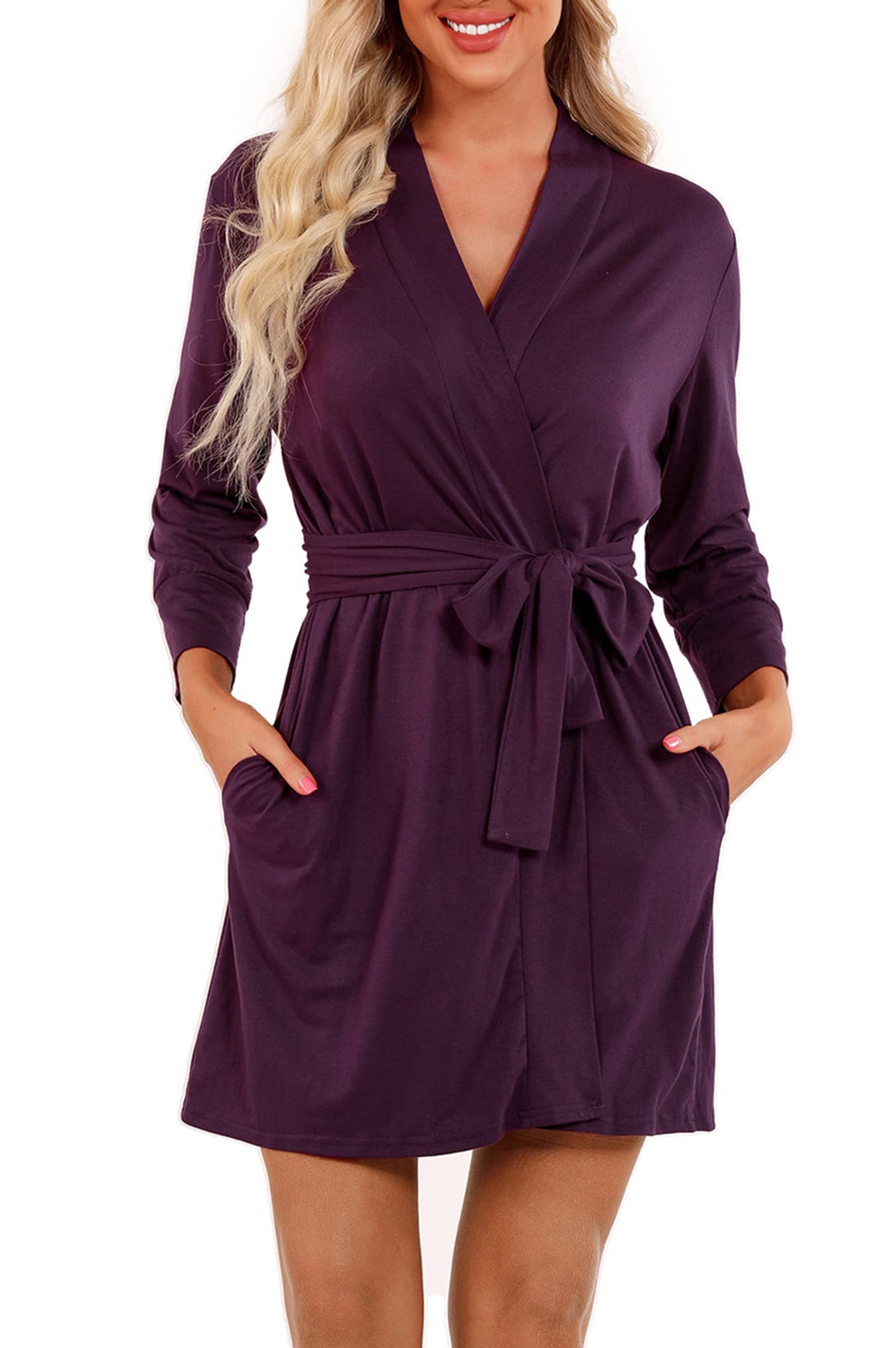 heekpek Bata de Mujer Albornoz Corto de Mujer Cuello V Bata Kimono de Mujer Camisón con Bolsillos y Cinturones Manga 3/4 Algodón Pijamas de Mujer para Primavera Verano Otoño