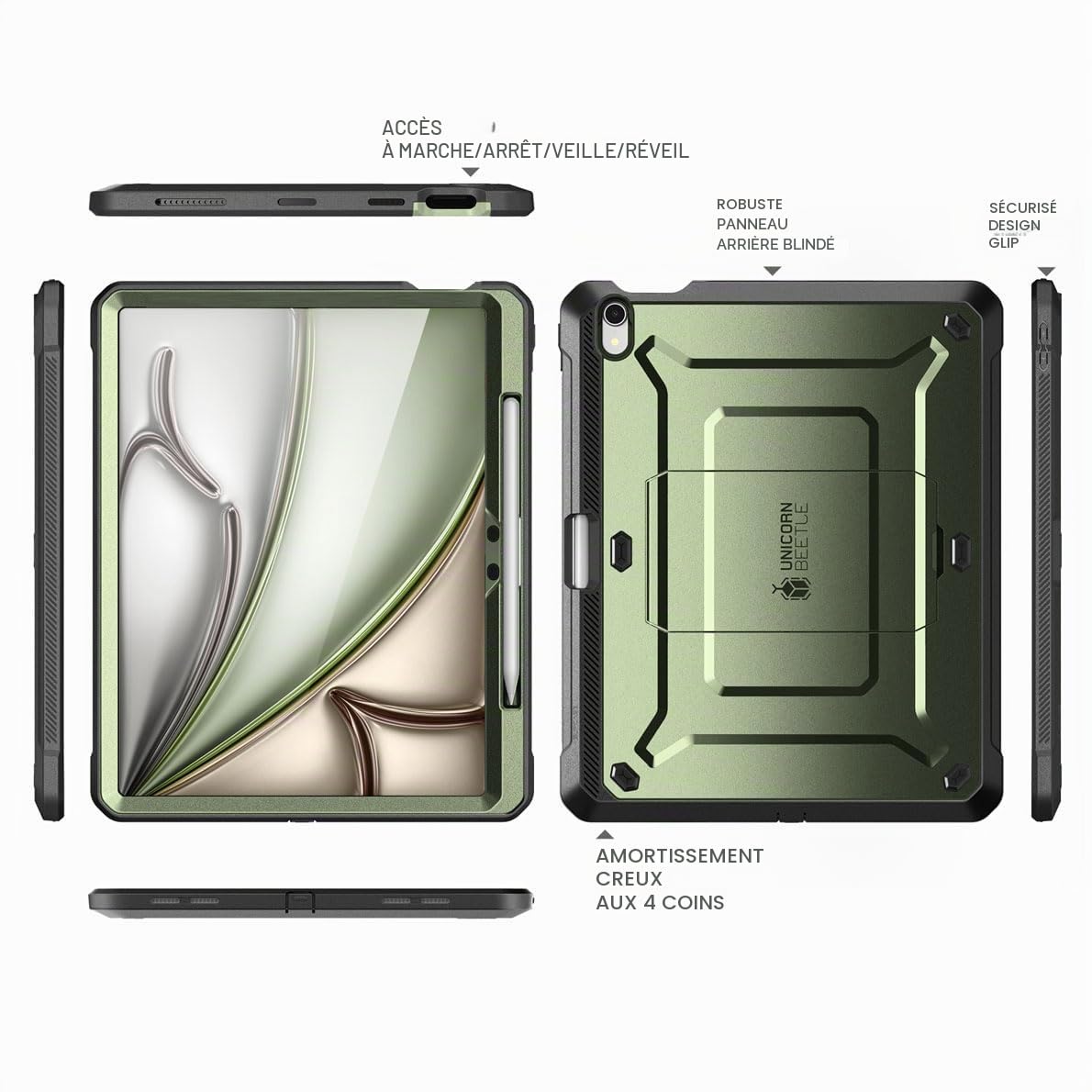 SUPCASE Coque pour iPad Air 13 Pouces (2025/2024) avec Fente Stylet [Support Pliable & Protecteur d'écran Intégré] Protection Robuste Qualité Militaire Intégrale pour iPad Air 13" M3/M2, Vert