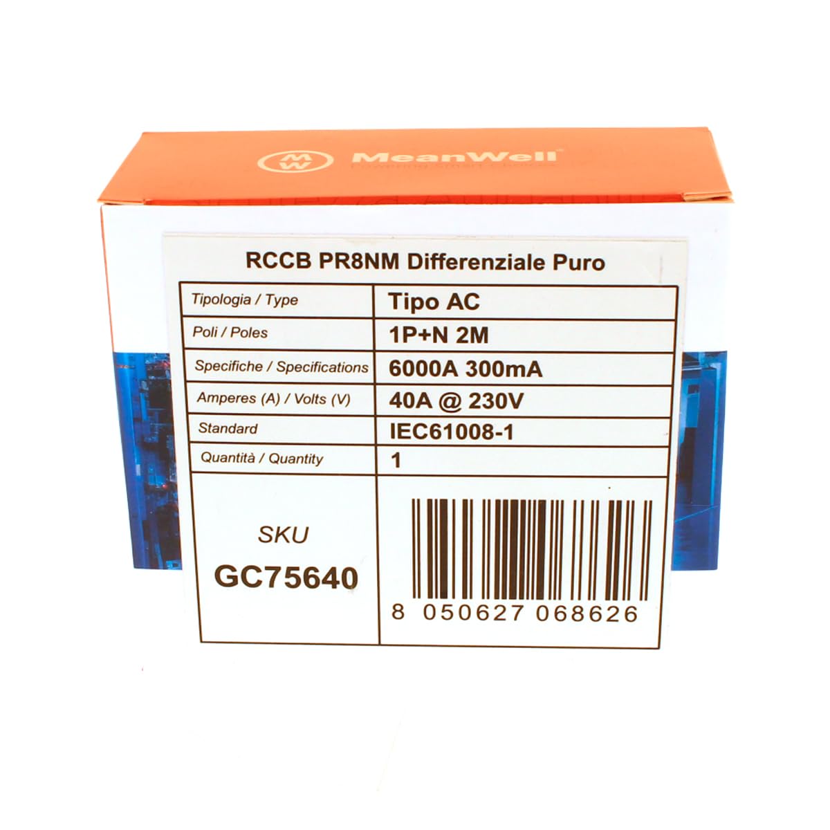 A2ZWORLD GC75640 RCCB packaging label with specifications