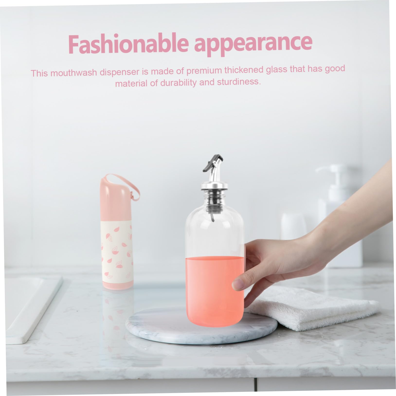 Mundwasserspender aus Glas und Edelstahl 500ml, 2 Stück | Trichter Plus Mundbecher im Lieferumfang, Geeignet für Zuhause, Hotel, Glatt Poliert, Klassisch Elegant
