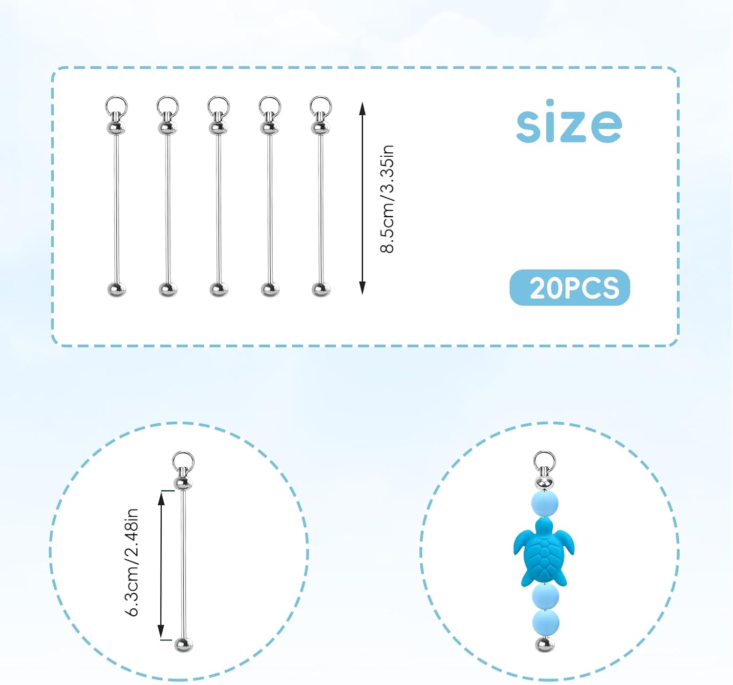 20 Pcs Beadable Keychain Bars, Blank Beadable Keychains, Beadable Keychain Making Kit, Silver Beaded Keychain Bars for DIY Projects Crafts Pendant Charms Supplies - Image 2