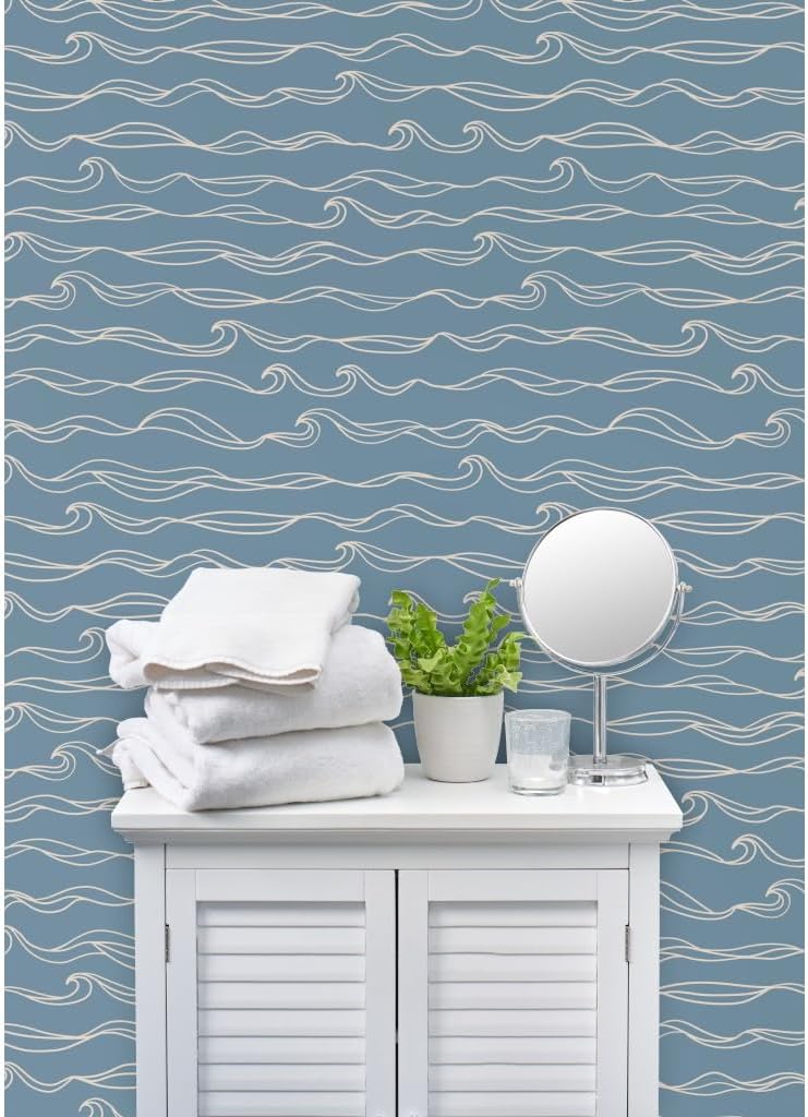Spoonflower Commercial Grade Wallpaper 27ft x 2ft - Ocean Waves Blue Nature Water Home Decor Wavy Traditional Wallpaper