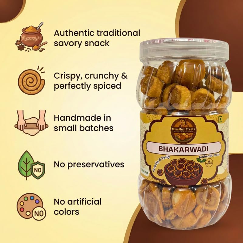 Image of MumMum Treats Baked Bhakarwadi 350g | Healthy Namkeen Snack with Authentic Gujarati Taste | Crispy & Wholesome Baked Snacks | Bhakarwadi for Anytime Munching | No Palm Oil, Preservatives or MSG | High-Fiber & Diet-Friendly
