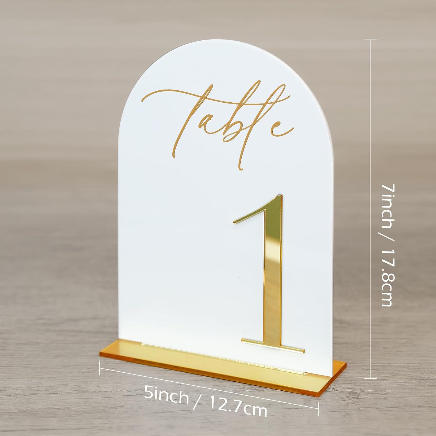 White and Gold Acrylic Arch Wedding Table Numbers 1-15 with Stand