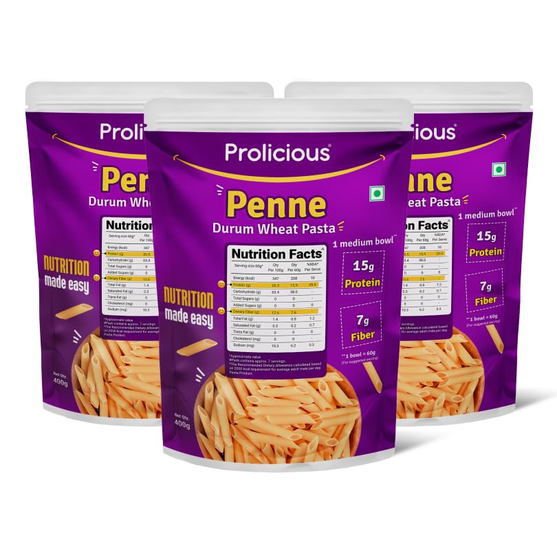Image of Prolicious Penne Pasta | Upgrade Your Pasta Time | 15g Protein + 7g Fibre | Durum Wheat & Peanut Flour | No Maida, Not Fried | 2.6X More Protein | For Masala, White Sauce, Baked & More | 400g (Pack of 3)