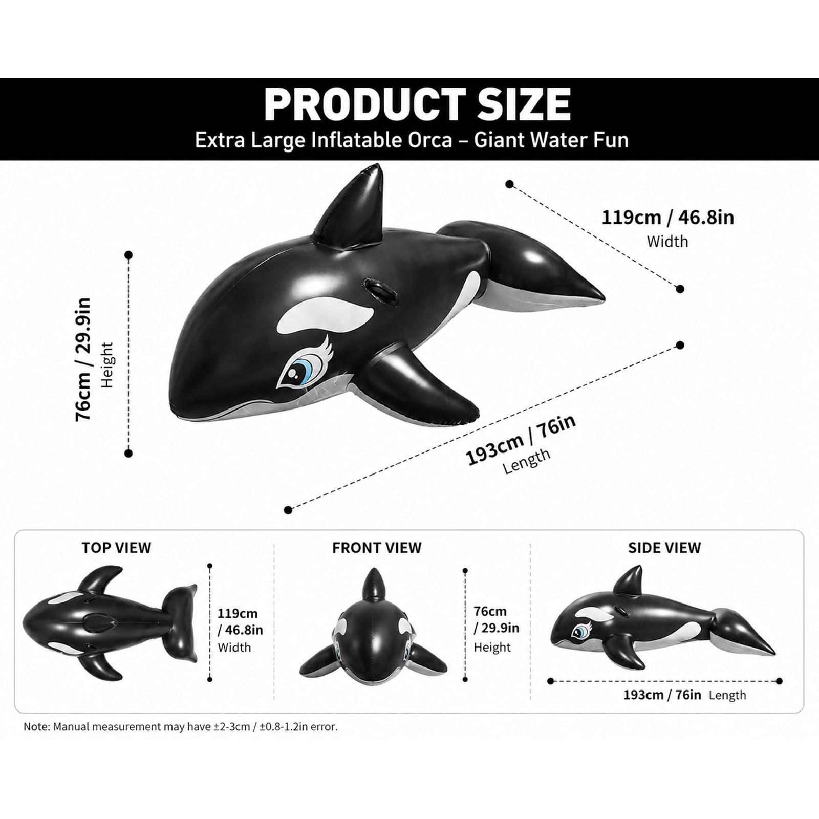Gran Flotador Inflable de Orca con Asas reforzadas, PVC Robusto para Adultos y niños, Piscina Playa Lago Parque acuático