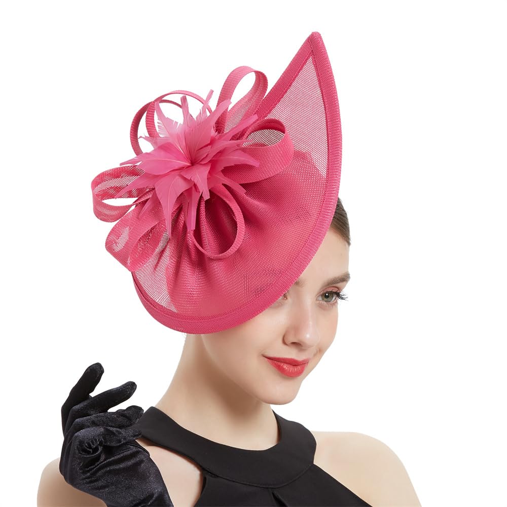 Brawlady Women's Hotpink Sinamay Fascinator Hat With Top Flower, Feather Pillbox Headwear, Tear Drop Shape Church Wedding Derby Cocktail Tea Party Headpiece