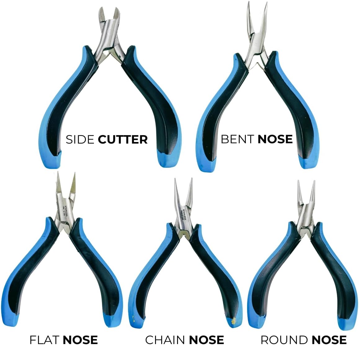 5 Piece 5" (12.7 cm) Jeweler's Premium Pliers Set | Flat Nose, Bent Nose, Chain Nose, Sidecutter, Round Nose | | Dual-Color, Ergonomic Grip | Essential for Intricate Wirework & Jewelry Crafting